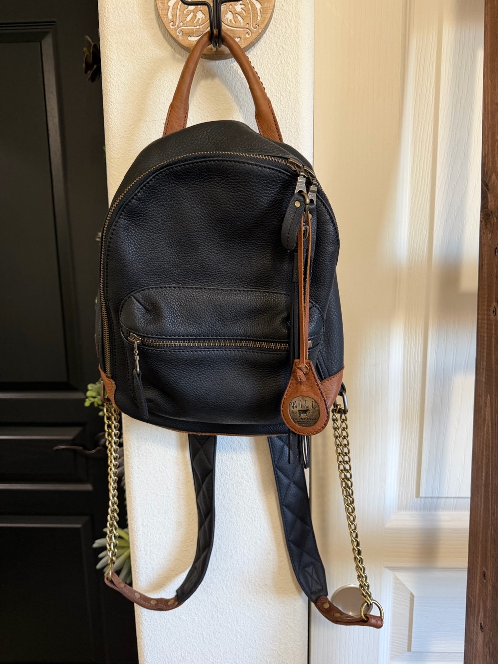 Will Leather Goods Black Leather Backpack with Brown Trim